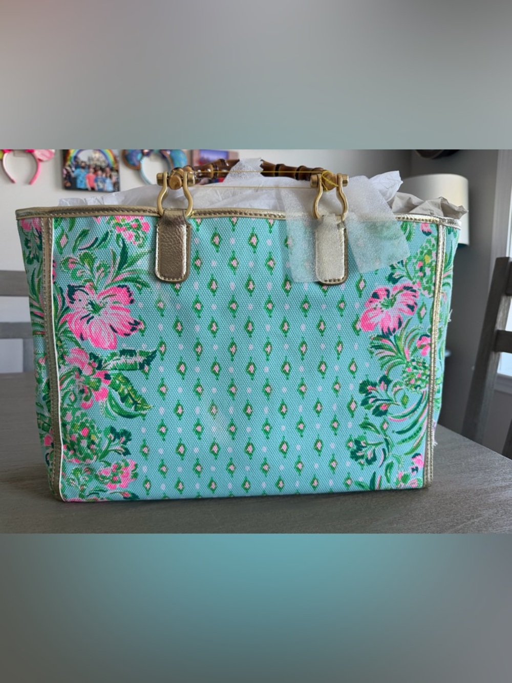 NWT Lilly Pulitzer Greydon canvas tote Oh diamond girl green pink bamboo - Picture 5 of 11